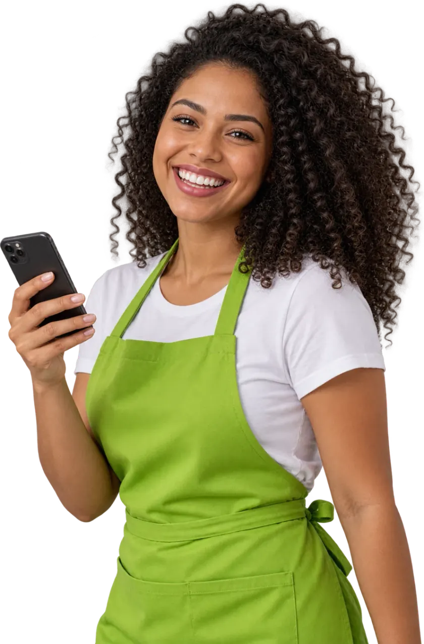 Profissional de beleza sorrindo com o celular na mão